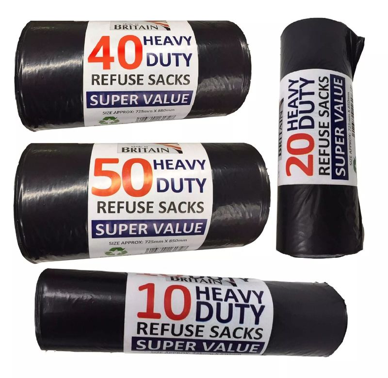 Heavy Duty Refuse Sacks Black Bin Liner Bags 14" x 32" x 30" 20mu 50ltr Capacity