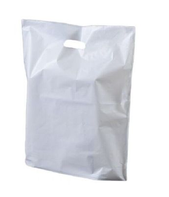 White Patch Handle Bags Reusable Plastic Carrier Bags for Supermarket - 15" x 18" x 3"
