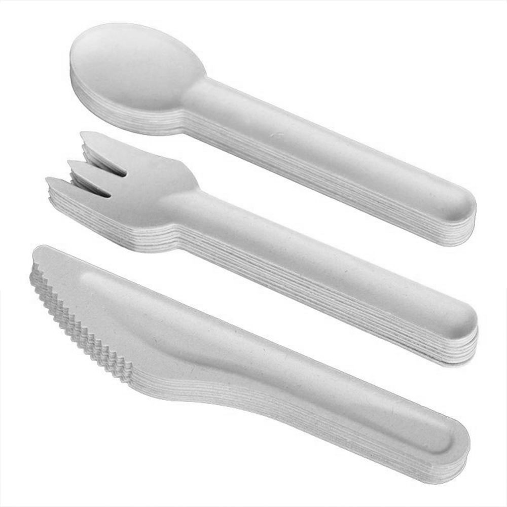 White Biodegradable Bagasse Cutlery Set White Spoons Knives forks for Catering