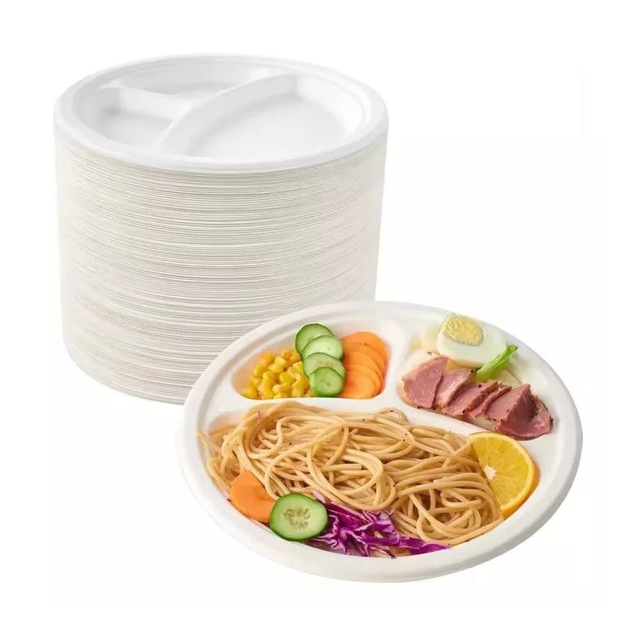 Sugarcane Bagasse 3 Compartment Plates Biodegradable Section Plates - 10" (26cm)