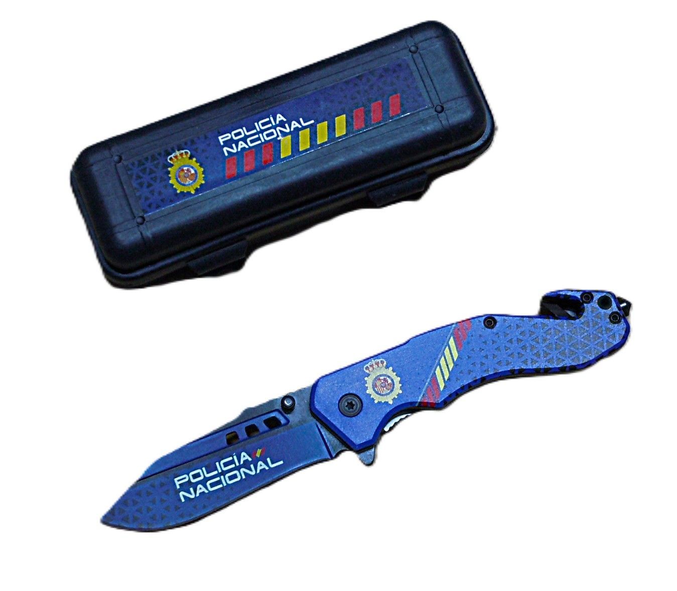 Navaja  táctica con serigrafía (Policía Nacional) y escudo con rompe cristal y corta cinturón.