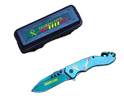 Navaja táctica serigrafiada (Guardia Civil) y escudo con  rompe cristal y corta cinturón.