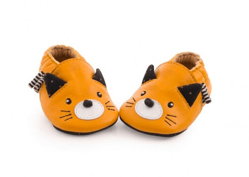 Chausson Cuir Chat Moutarde 12/18 mois Chausson Cuir Chat Moutarde 12/18 mois " Les Moustaches " - Moulin Roty