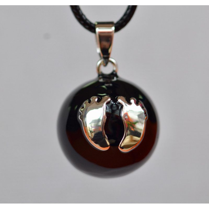 Bola de grossesse noir lisse motif argent pieds "Léana" - Irréversible Bijoux