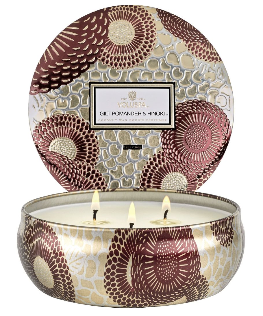 Voluspa 3 wick tin candle Gilt Pomander &amp; Hinoki