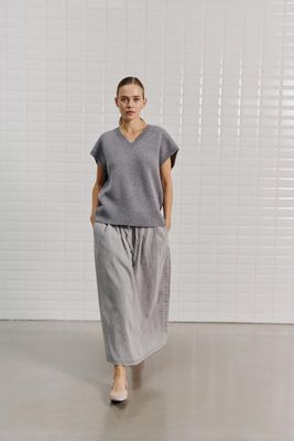 With Black maxi denim skirt Penelope