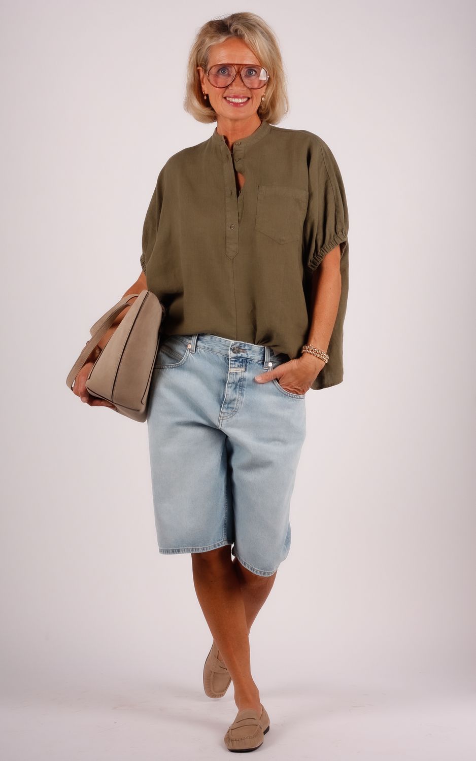 Sosue linnen blouse Cowboy button KM olijf