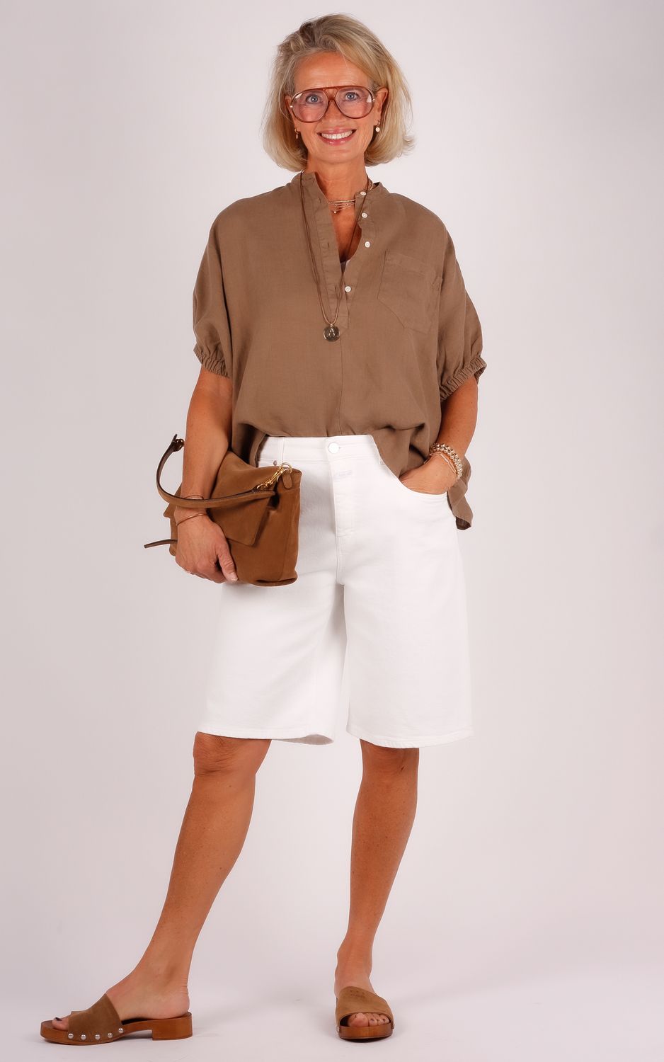 Sosue linnen blouse Cowboy button KM bruin