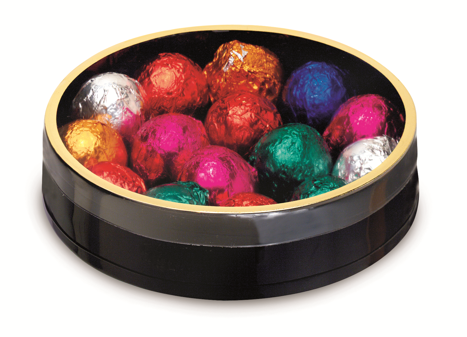 Black Round with Plastic Bottom &amp; Gold Rim Top (5&quot; x 1 1/8&quot;)