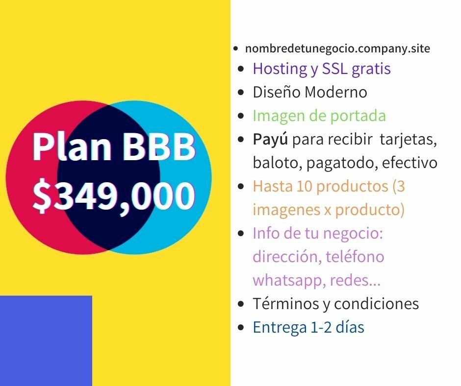 Página web con Tienda Virtual BBB Buena , Bonita y Barata Hasta 10 productos o Servicios. Entrega en 2 días