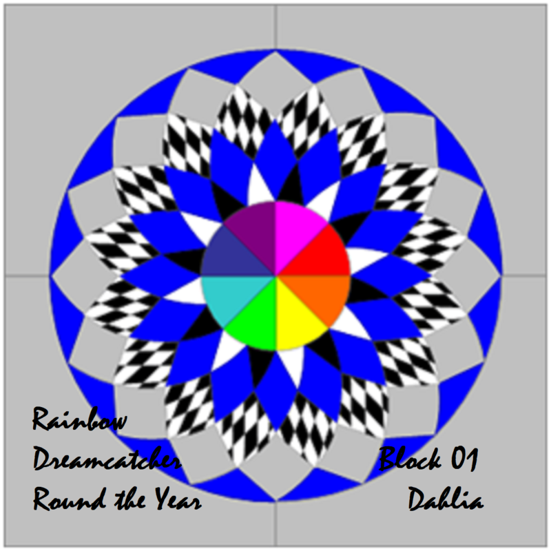 Downloadable Foundation Paper Piecing Pattern and Easy Strip-piecing Instructions for DAHLIA BLOCK1 Rainbow Dreamcatcher Round the Year Quilt
