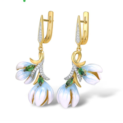 Silver Earrings For Women Authentic 925 Sterling Silver Gold Color Delicate Orchid Flower Fine Jewelry Handmade Enamel