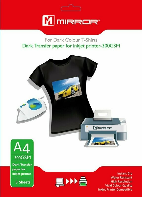 Mirror For Dark Colour T-Shirts Dark Transfer Paper For Inkjet Printers  300GSM A4 5 Sheets