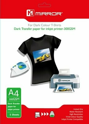 Mirror For Dark Colour T-Shirts Dark Transfer Paper For Inkjet Printers 300GSM A4 5 Sheets