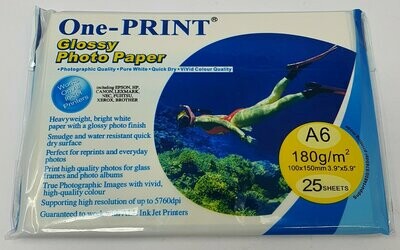One-Print Glossy Photo Paper 180GSM A6 25 Sheets