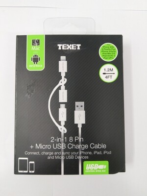 Texet 2-In-1 8 Pin + Micro USB Charge Cable 1.2M