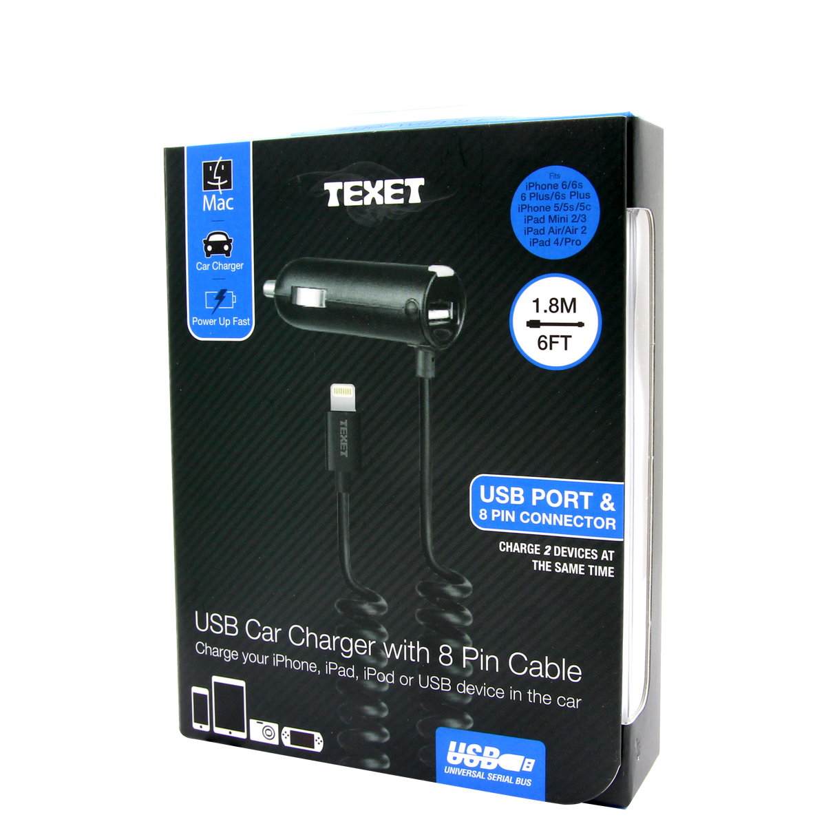 Texet USB Car Charger with 8 Pin Cable