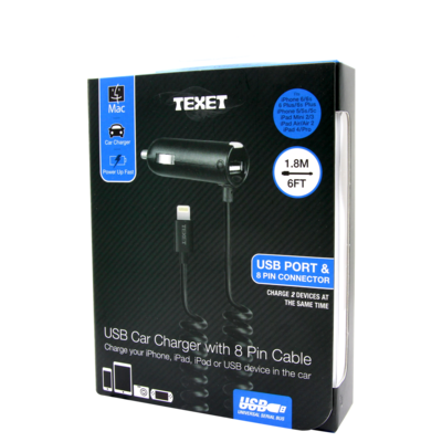 Texet USB Car Charger with 8 Pin Cable