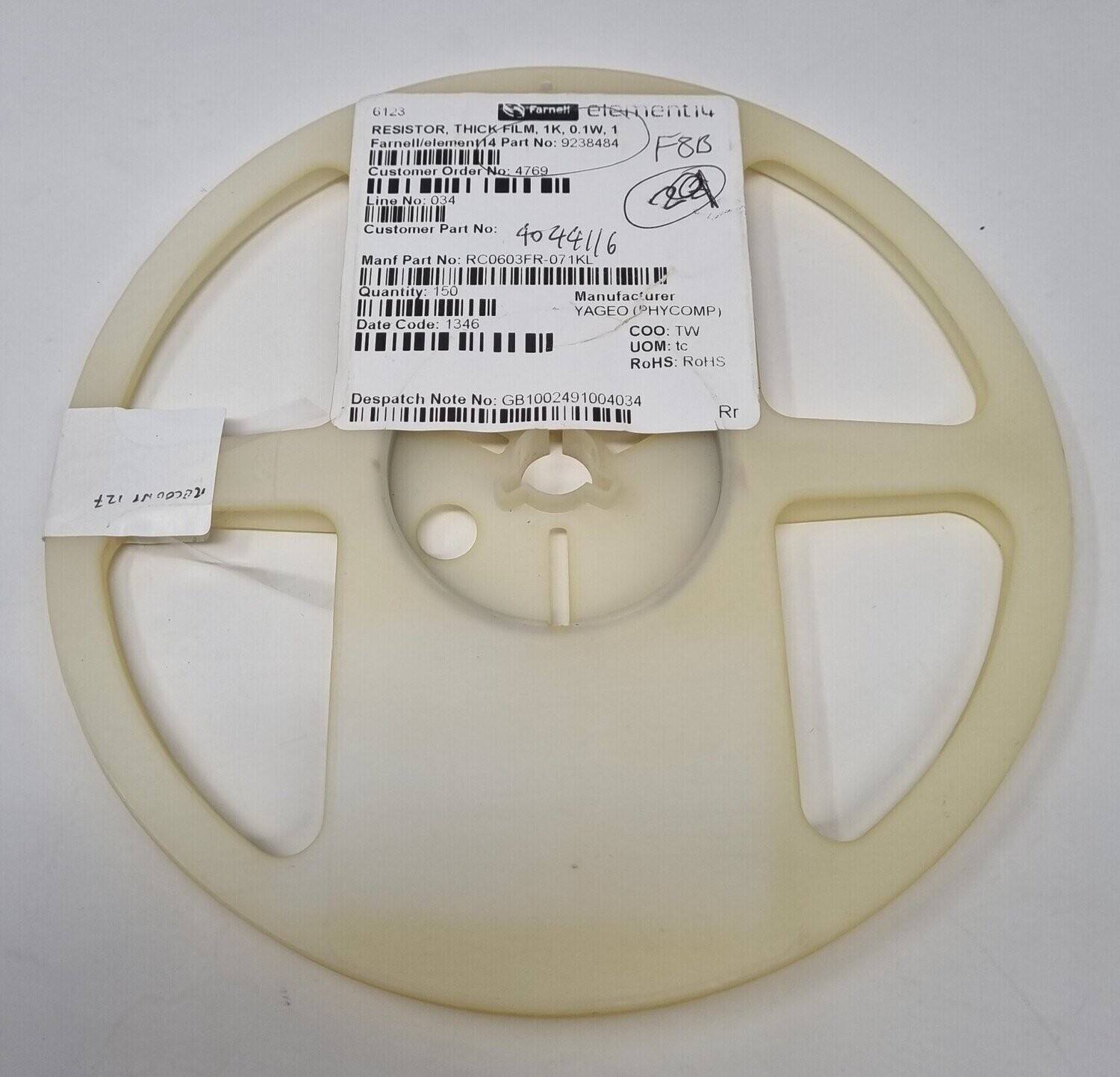 RC0603FR-071KL.
SMD Chip Resistor, 1 kohm, ± 1%, 100 mW, 0603 [1608 Metric], Thick Film, General Purpose