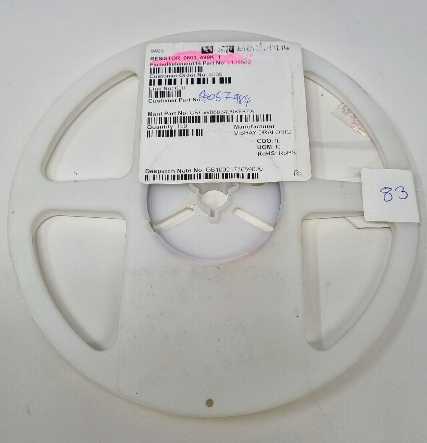 CRCW0603499KFKEA.
SMD Chip Resistor, 499 kohm, ± 1%, 100 mW, 0603 [1608 Metric], Thick Film, General Purpose