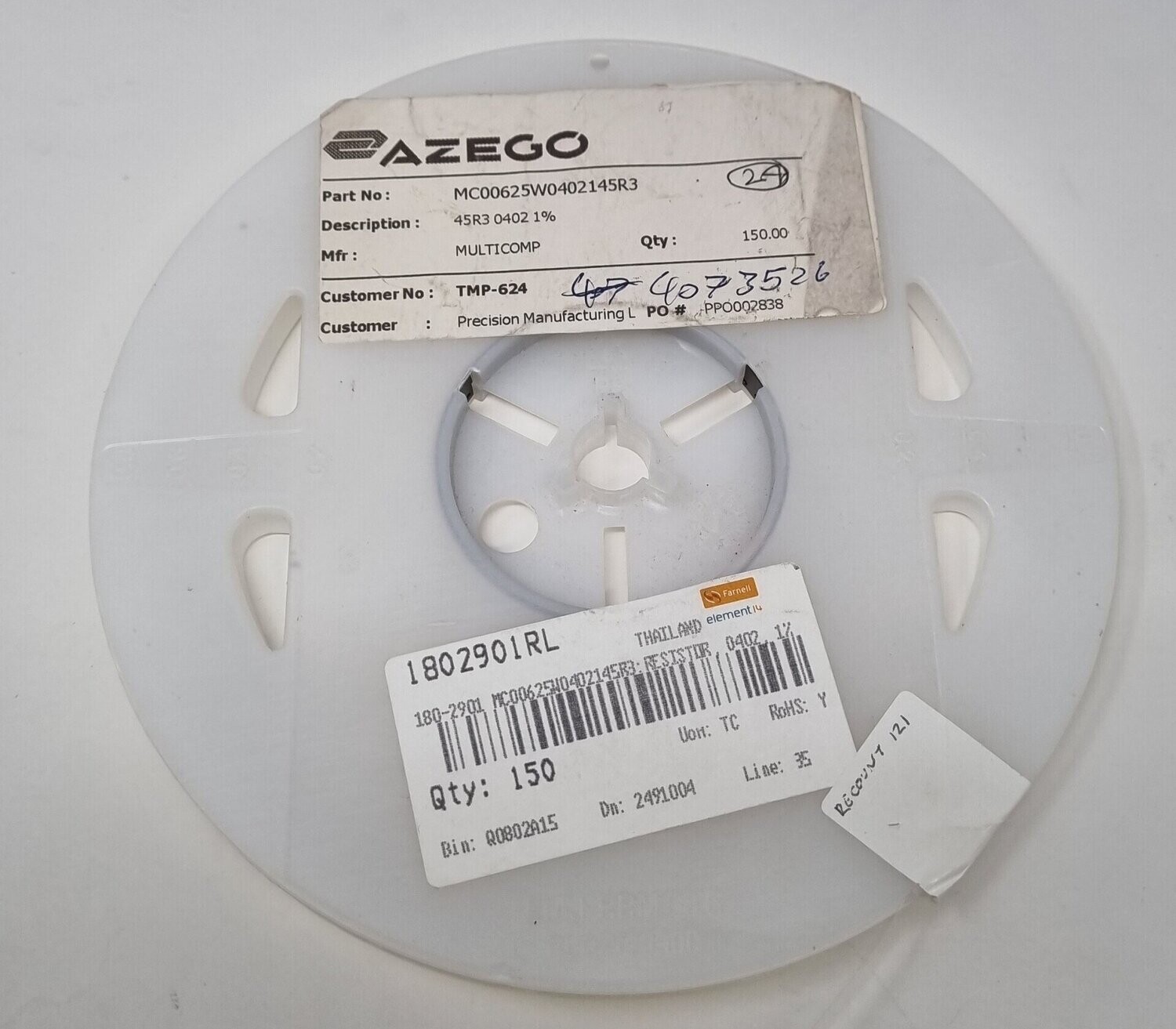MC00625W0402145R3
SMD Chip Resistor, 45.3 ohm, ± 1%, 62.5 mW, 0402 [1005 Metric], Thick Film, General Purpose