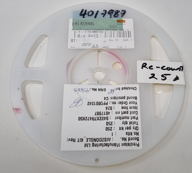 C0402C472K5RACTU
SMD Multilayer Ceramic Capacitor, 4700 pF, 50 V, 0402 [1005 Metric], ± 10%, X7R, C Series KEMET