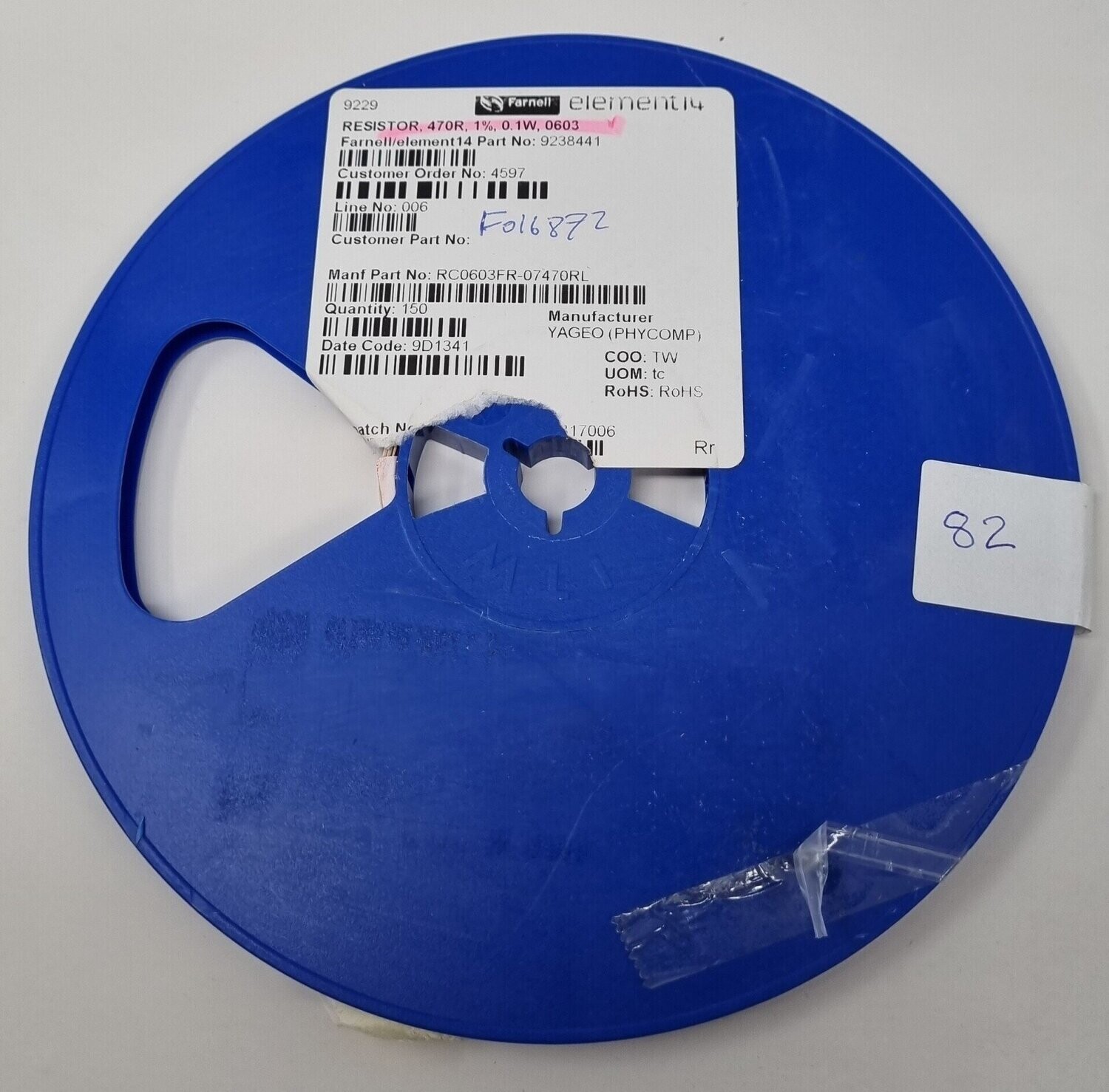 RC0603FR-07470RL.
SMD Chip Resistor, 470 ohm, ± 1%, 100 mW, 0603 [1608 Metric], Thick Film, General Purpose