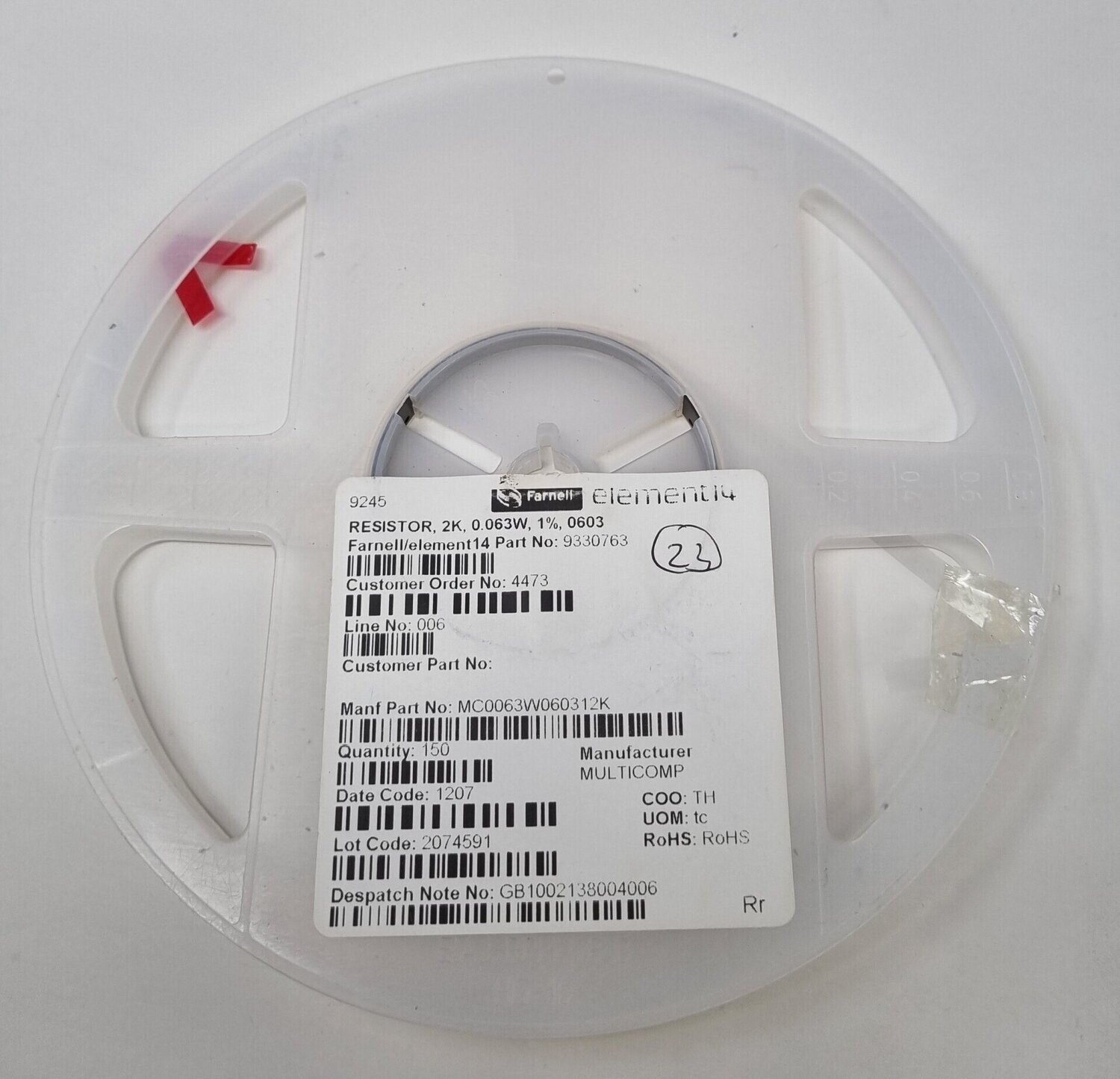 MC0063W060312K
SMD Chip Resistor, 2 kohm, ± 1%, 62.5 mW, 0603 [1608 Metric], Thick Film, General Purpose