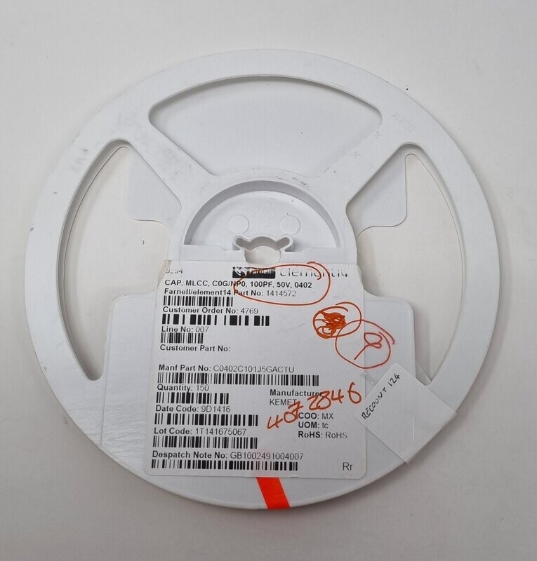 C0402C101J5GACTU
SMD Multilayer Ceramic Capacitor, 100 pF, 50 V, 0402 [1005 Metric], ± 5%, C0G / NP0, C Series KEMET