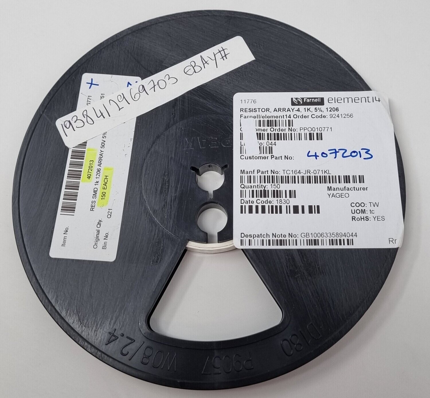 TC164-JR-071KL
Fixed Network Resistor, 1 kohm, Isolated, 4 Elements, 1206 [3216 Metric], 8 Pins, Concave