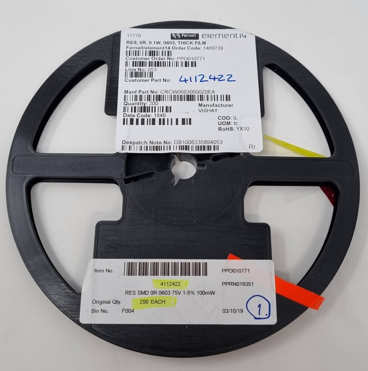 CRCW06030000Z0EA
Zero Ohm Resistor, Jumper, 0603 [1608 Metric], Thick Film, 100 mW, 2 A, Surface Mount Device