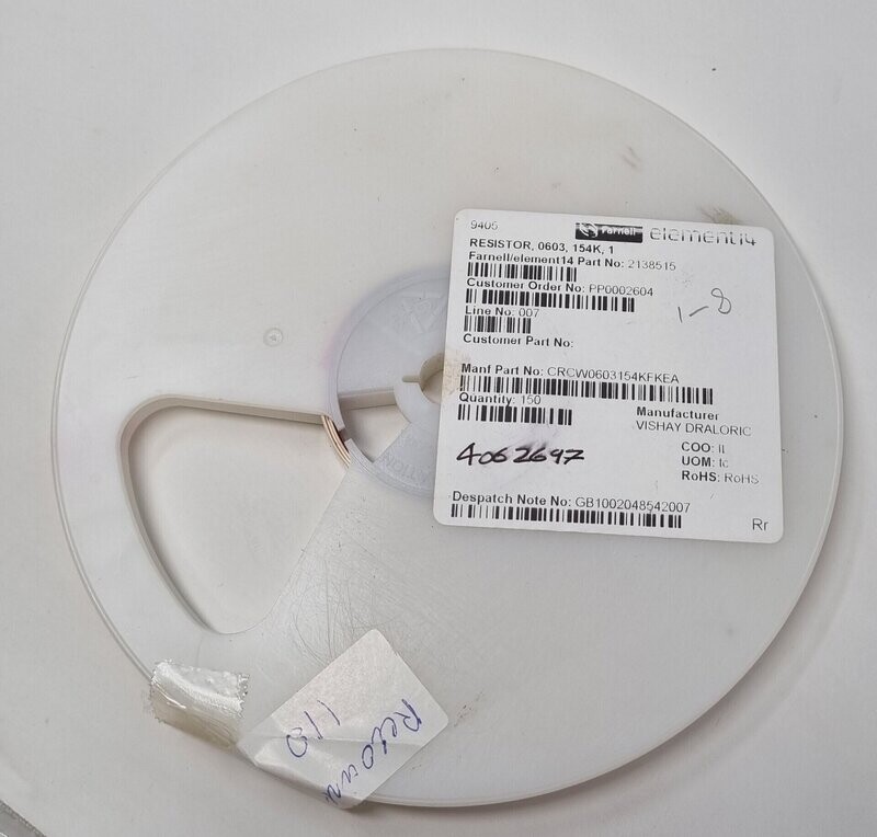 CRCW0603154KFKEA.
SMD Chip Resistor, 154 kohm, ± 1%, 100 mW, 0603 [1608 Metric], Thick Film, General Purpose