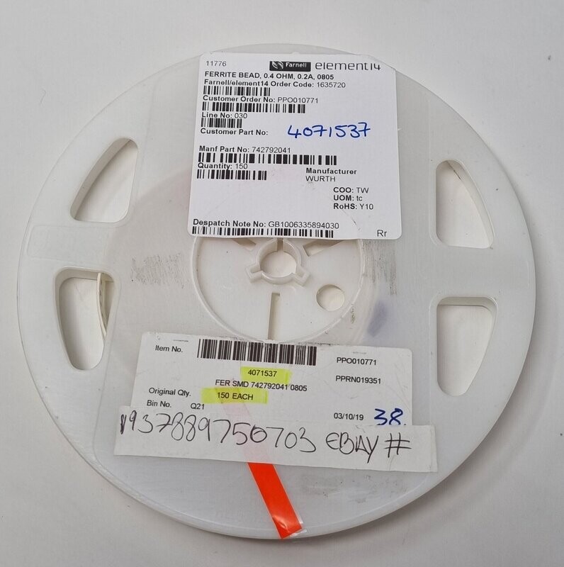 742792041
Ferrite Bead, 0805 [2012 Metric], 600 ohm, 200 mA, WE-CBF Series, 0.4 ohm, ± 25%