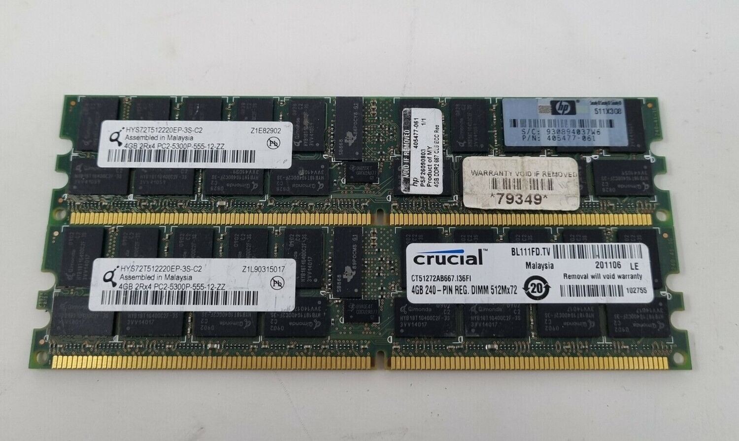 Used 2 x Qimonda HYS72T5122220EP-3S-C2 4GB 2Rx4 PC2-5300P-555-12-ZZ