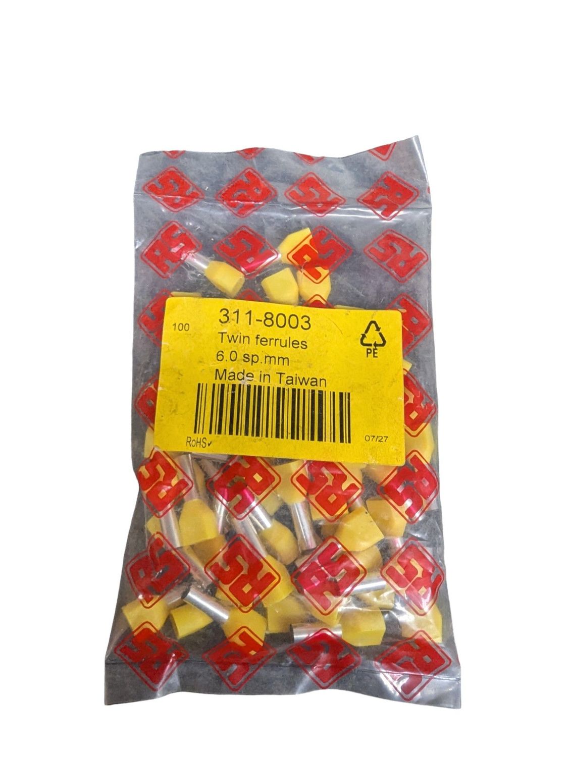 RS PRO Insulated Crimp Bootlace Ferrule, 14mm Pin Length, 4.9mm Pin Diameter, 2 x 6mm² Wire Size, Yellow