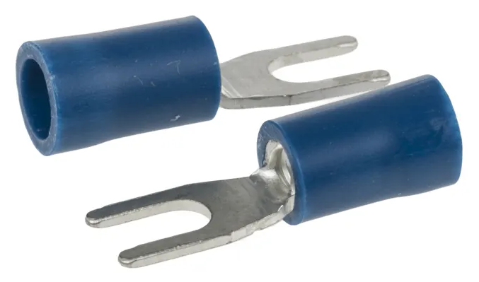 RS PRO Insulated Crimp Spade Connector, 1.5mm² to 2.5mm², 16AWG to 14AWG, 3.2mm Stud Size Vinyl, Blue Pack of 100
