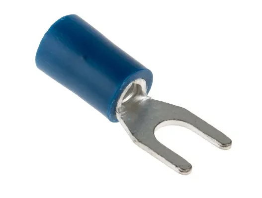 RS PRO Insulated Crimp Spade Connector, 1.5mm² to 2.5mm², 16AWG to 14AWG, M4 Stud Size Vinyl, Blue Pack of 100