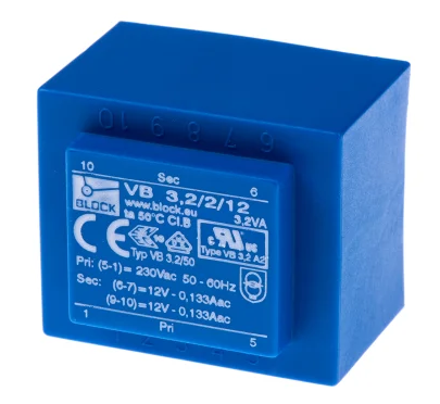 Block 12V ac 2 Output Through Hole PCB Transformer, 3.2VA