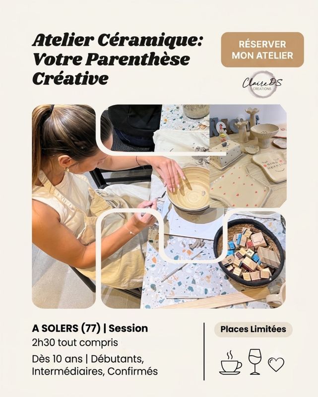 Atelier Céramique samedi 07 NOVEMBRE 13h30/16h à 65€ (Acompte 35€)