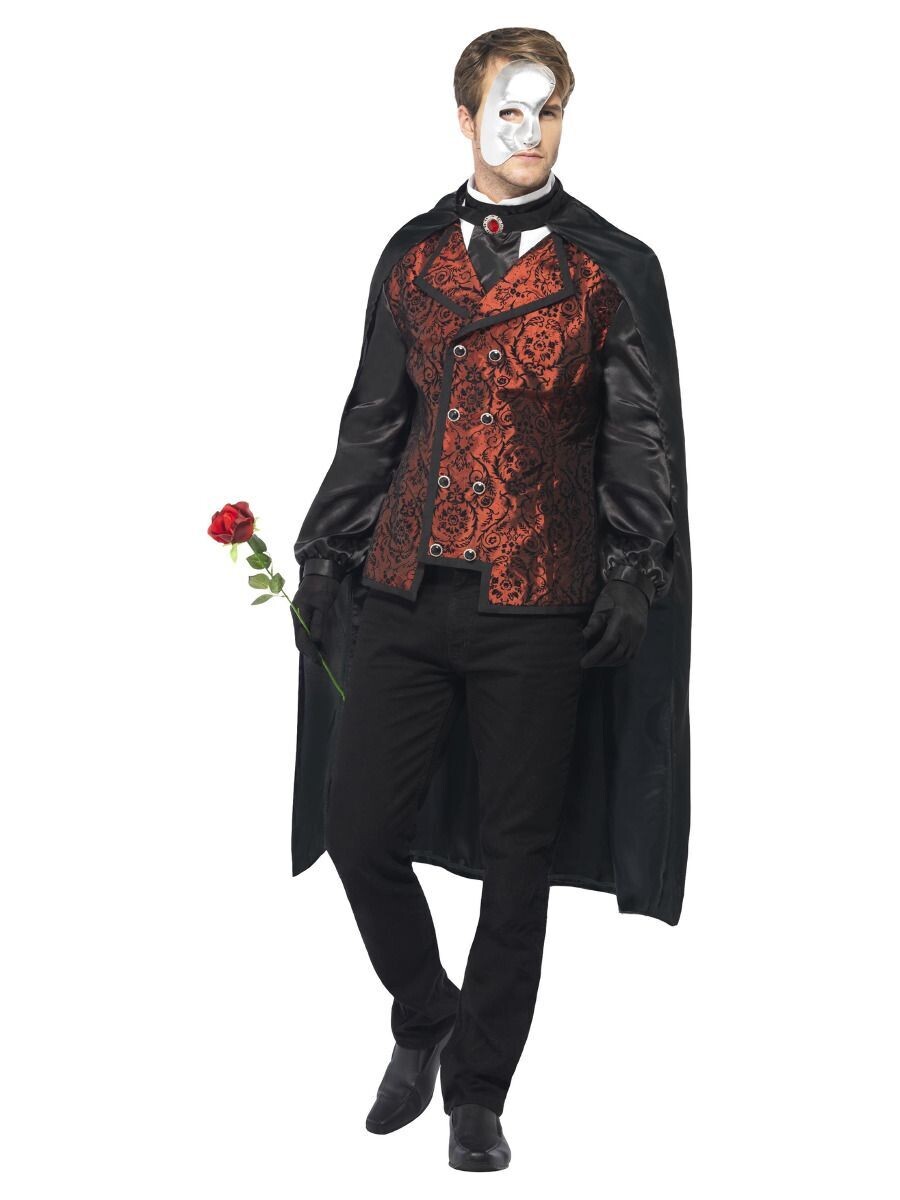 Dark Opera Masquerade Costume, Black, with Cape, Mock Shirt, Mask, Gloves & Faux Rose (Medium)