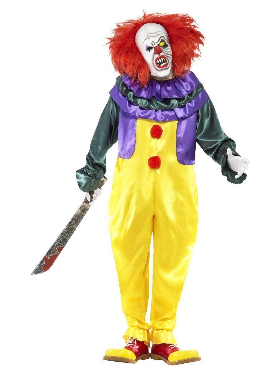 Classic Horror Clown Costume, Multi-Coloured, with Jumpsuit & Mask (Large)