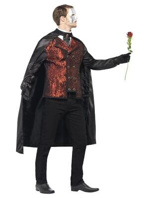Dark Opera Masquerade Costume, Black, with Cape, Mock Shirt, Mask, Gloves &amp; Faux Rose