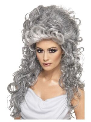 Medeia Witch Beehive Wig, Grey, Long & Curly with Beehive Top
