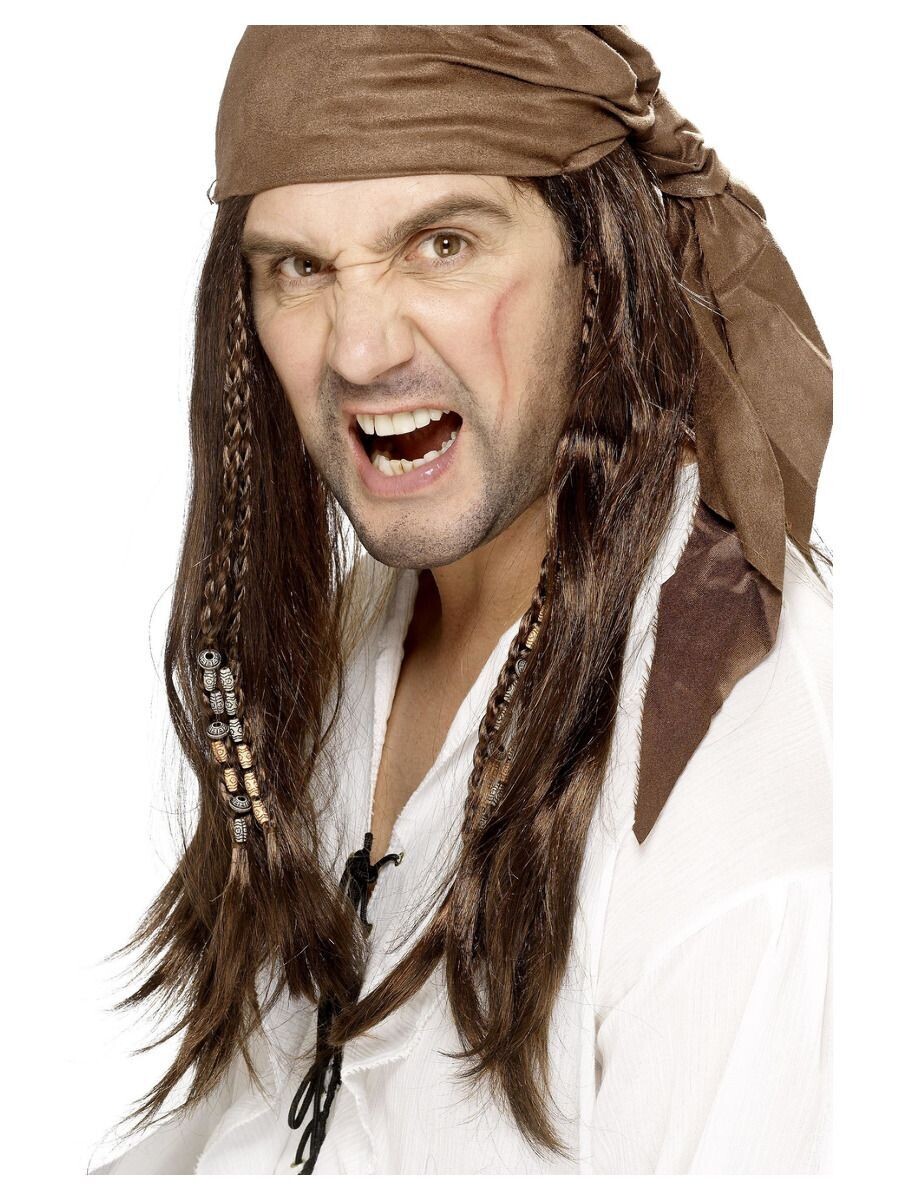 Buccaneer Pirate Wig, Brown, Straight with Braids, with Bandana