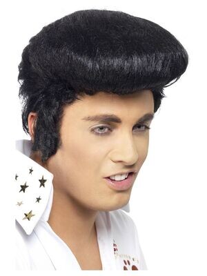 Elvis Deluxe Wig, Black, with High Quiff & Sideburns