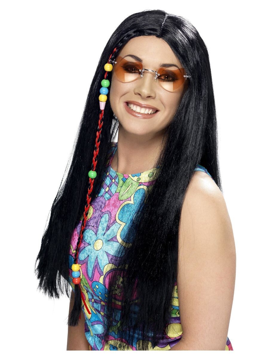 Hippy Party Wig, Black, Long with Coloured Beads