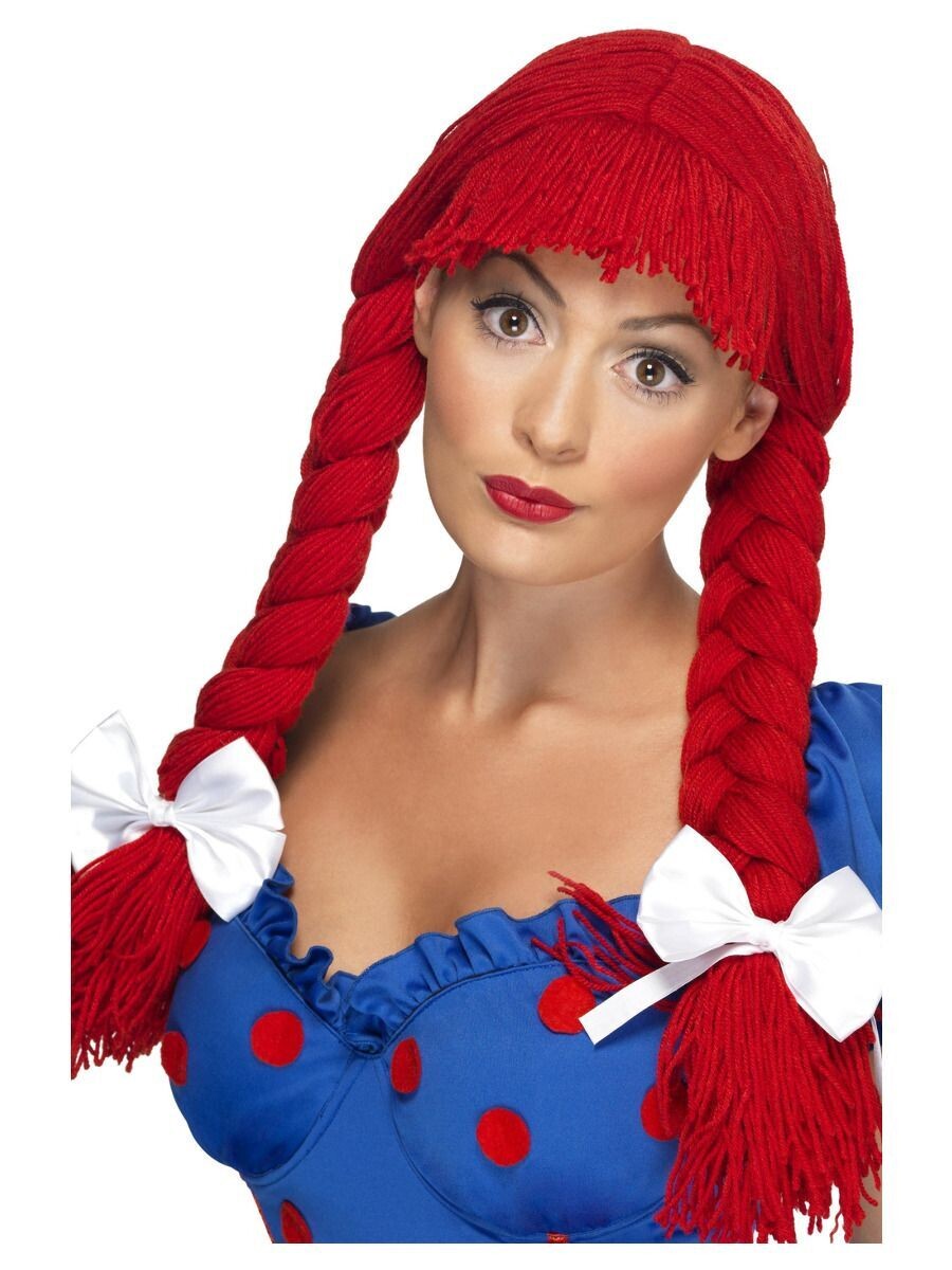 Rag Doll Wig, Red, Pigtails with a Fringe & Bows