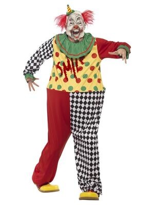 Sinister Clown Costume, Black, with Hooped Jumpsuit & Latex Full Overhead Mask  (Large)