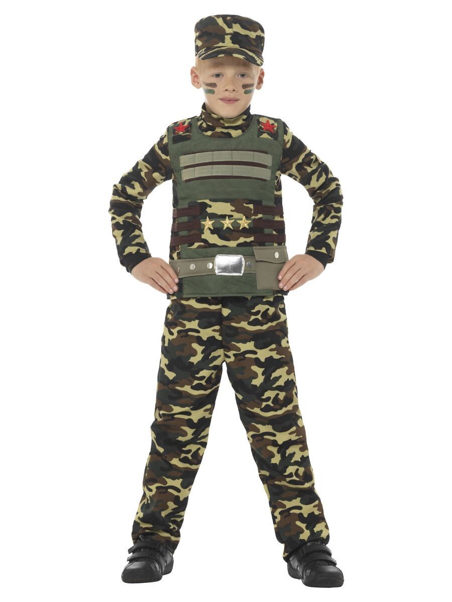 Camouflage Military Boy Costume, Green, with Top, Trousers & Hat