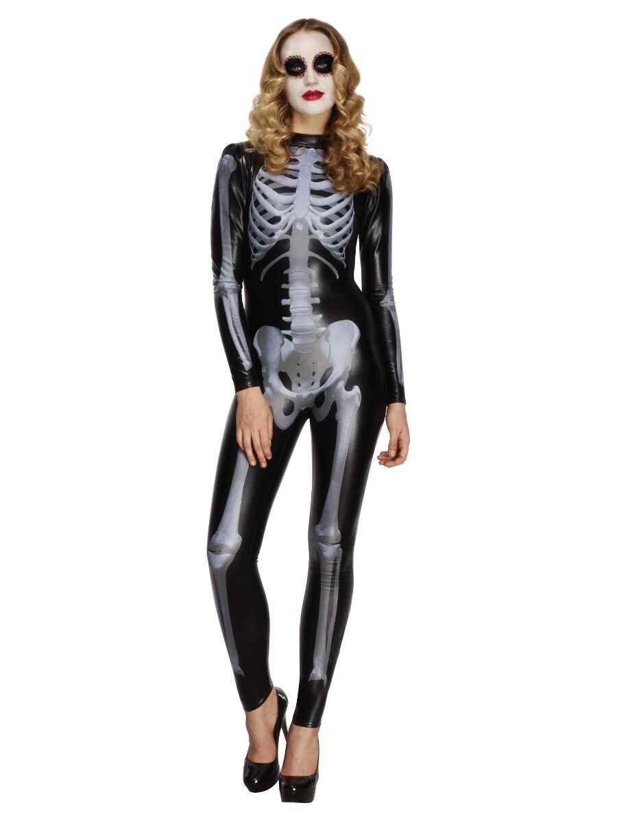 Fever Miss Whiplash Skeleton Costume, Black, with Printed Catsuit ( medium 12-14)